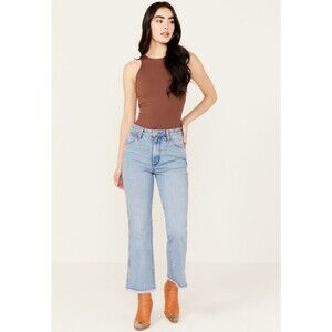 Wrangler Womens Wrock 672 Denim Jean High Rise Kick Flare Wide Leg Light Blue